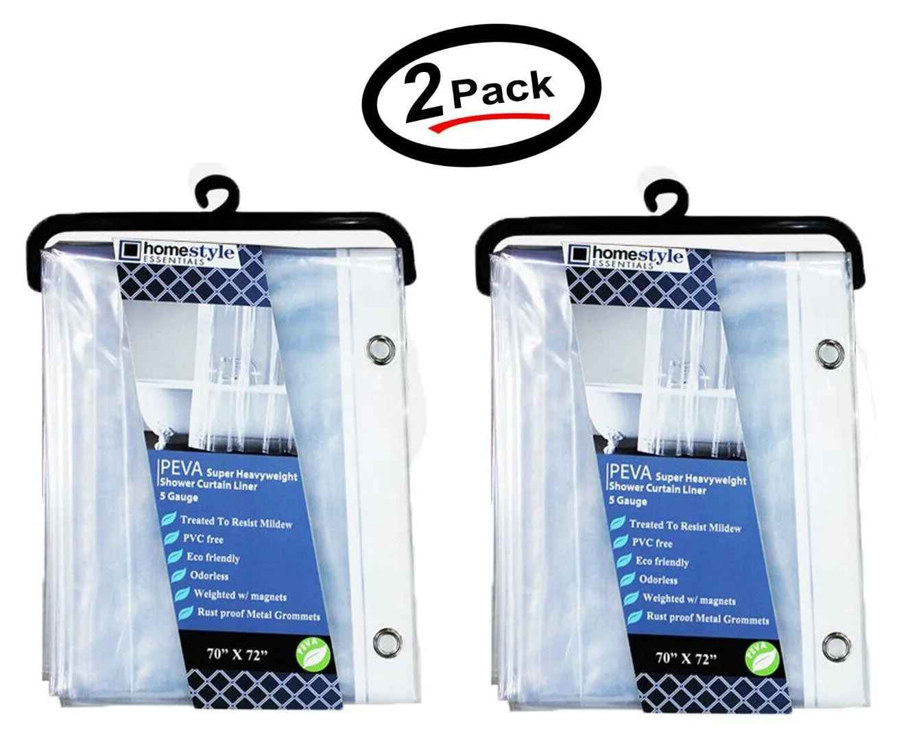 (2 Pack) PEVA Super Heavy Weight Shower Curtain Liner 5G W/ 3 Magnets 70" x 72"