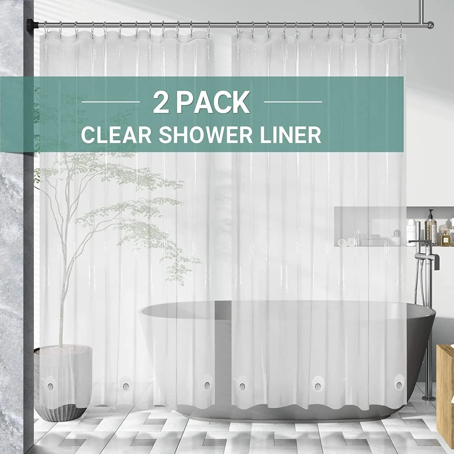 (2 Pack) PEVA Super Heavy Weight Shower Curtain Liner 5G W/ 3 Magnets 70" x 72"