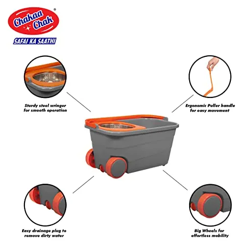 Chakaachak Shine Spin Bucket Mop with Stainless Steel Wringer Plus 1 Free Refill (Multicolor)
