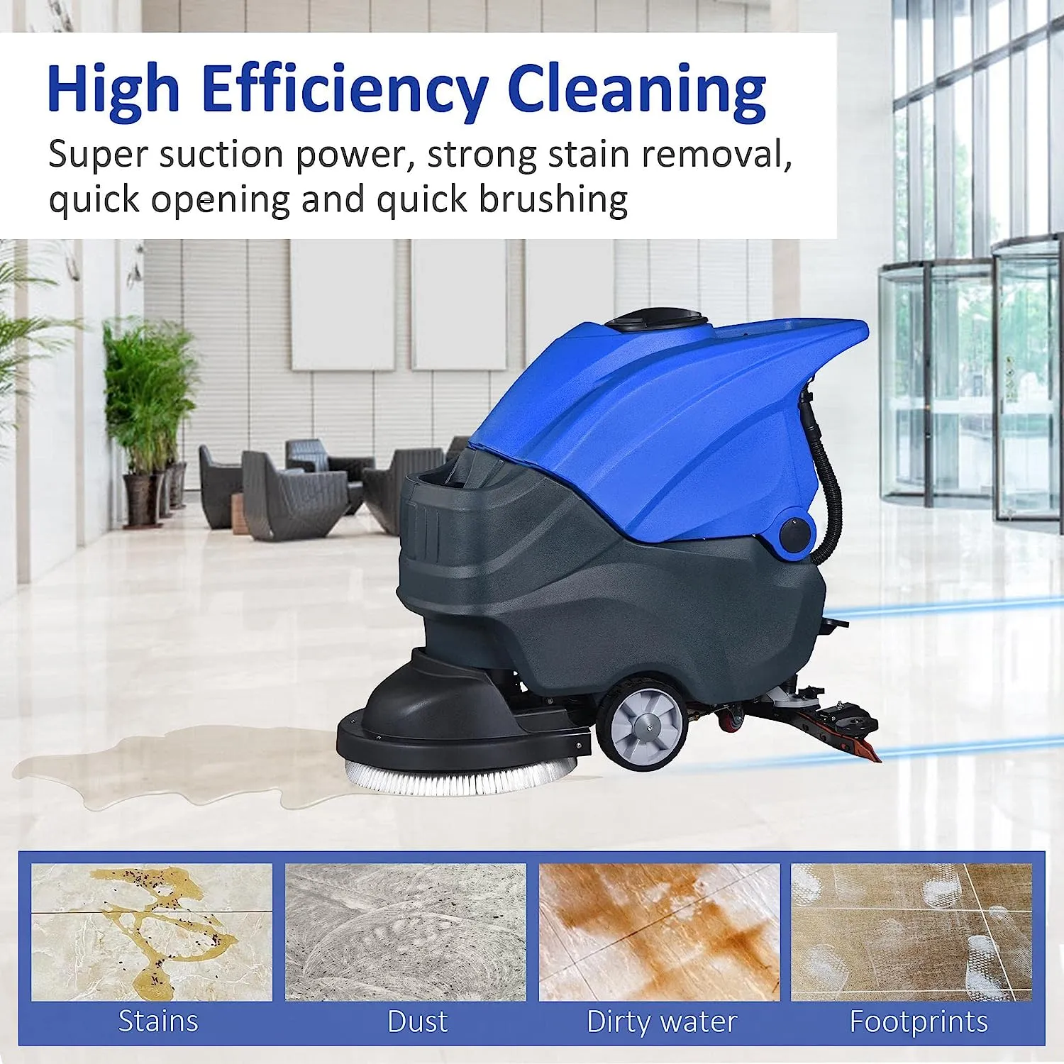 E-Macht Electric Walk Behind Auto Floor Scrubber with High Cleaning Efficiency, 20.8" Brush Diameter