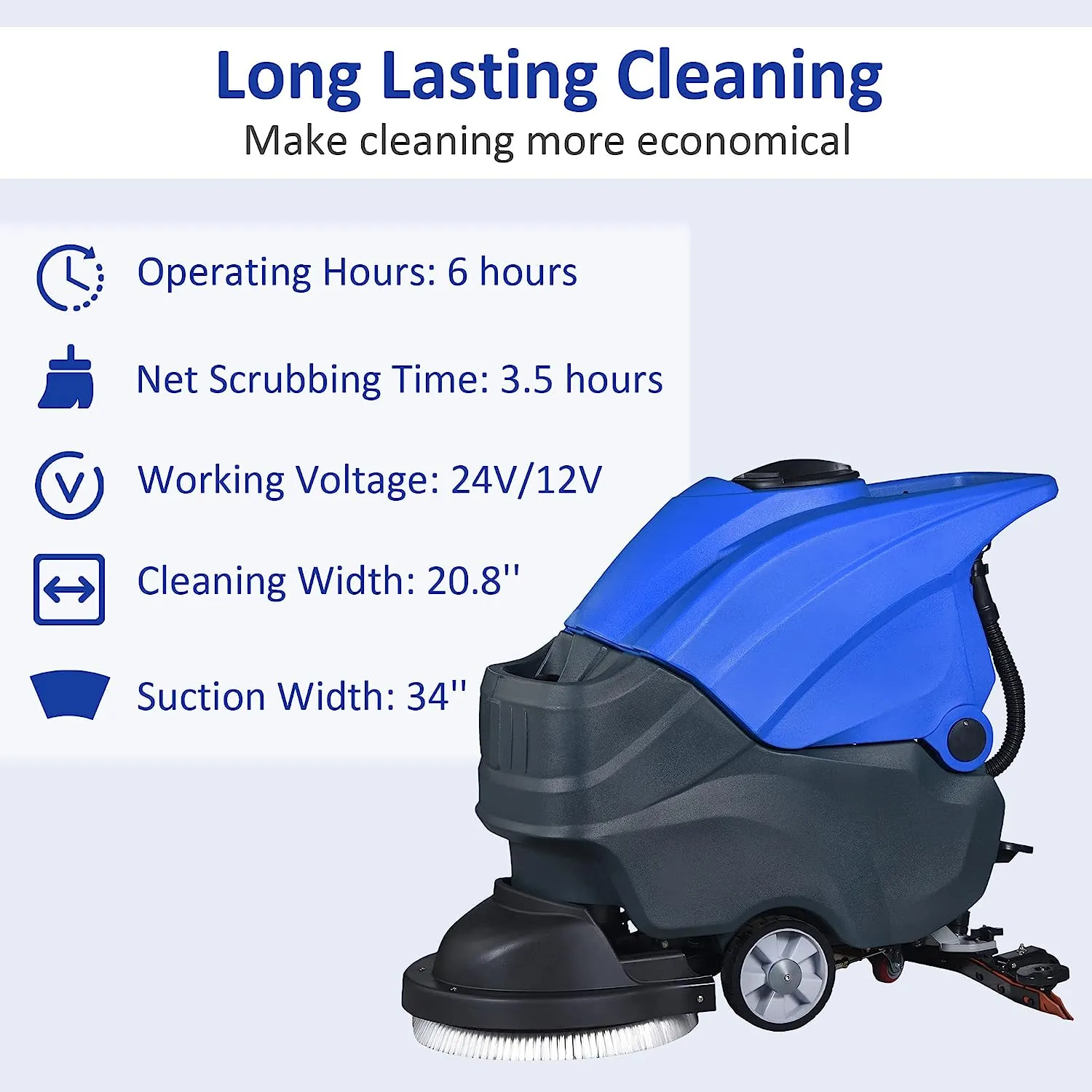 E-Macht Electric Walk Behind Auto Floor Scrubber with High Cleaning Efficiency, 20.8" Brush Diameter