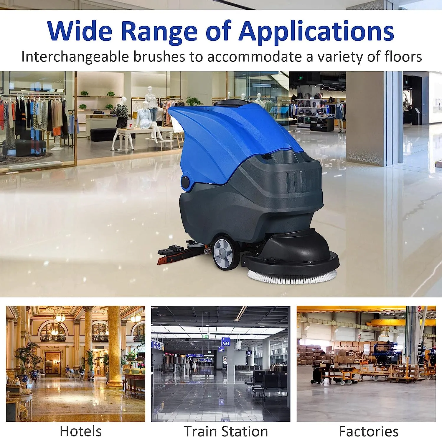 E-Macht Electric Walk Behind Auto Floor Scrubber with High Cleaning Efficiency, 20.8" Brush Diameter