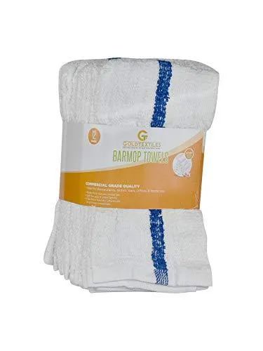 GOLD TEXTILES 12 PC New Cotton Blend White Restaurant Bar Mops Kitchen Towels 28oz (1 Dozen) (12, Blue Stripe)