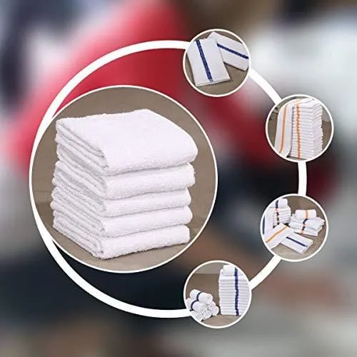 GOLD TEXTILES 12 PC New Cotton Blend White Restaurant Bar Mops Kitchen Towels 28oz (1 Dozen) (12, Blue Stripe)