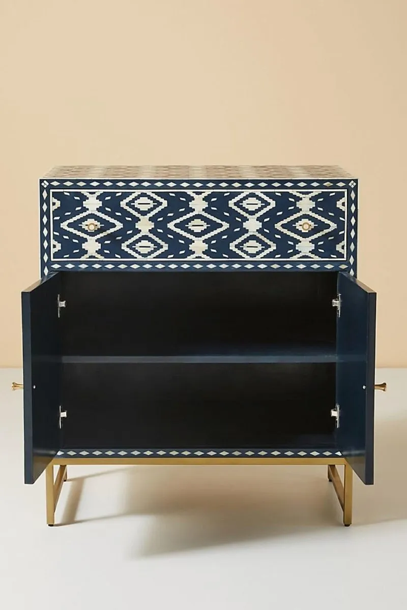 Handmade Bone Inlay Entryway Cabinet in Blue Color | Ikat Bone inlay Cabinet