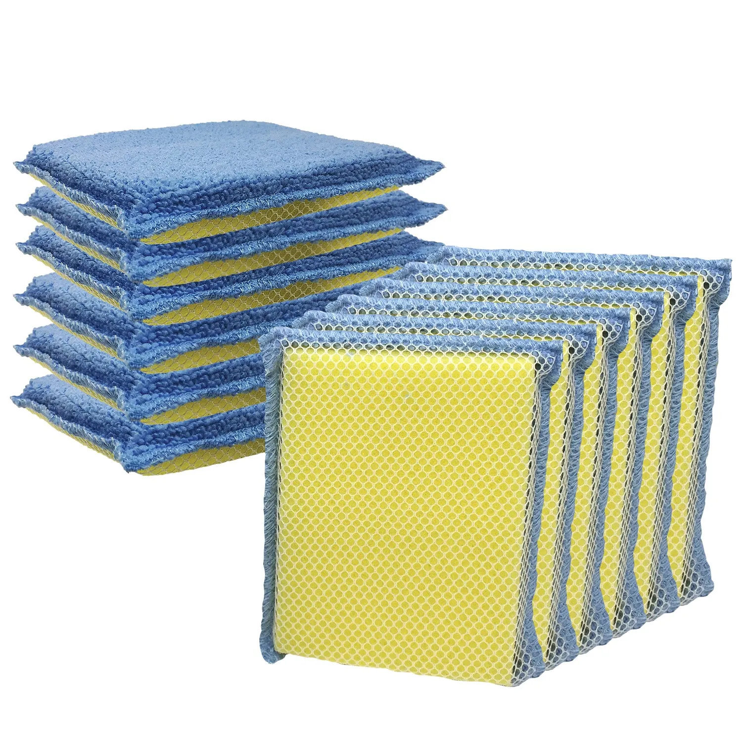 Nylon Net One Side & Microfiber Terry Cloth One Side / 2-Way Cleaning Sponge Pad - 12 pack