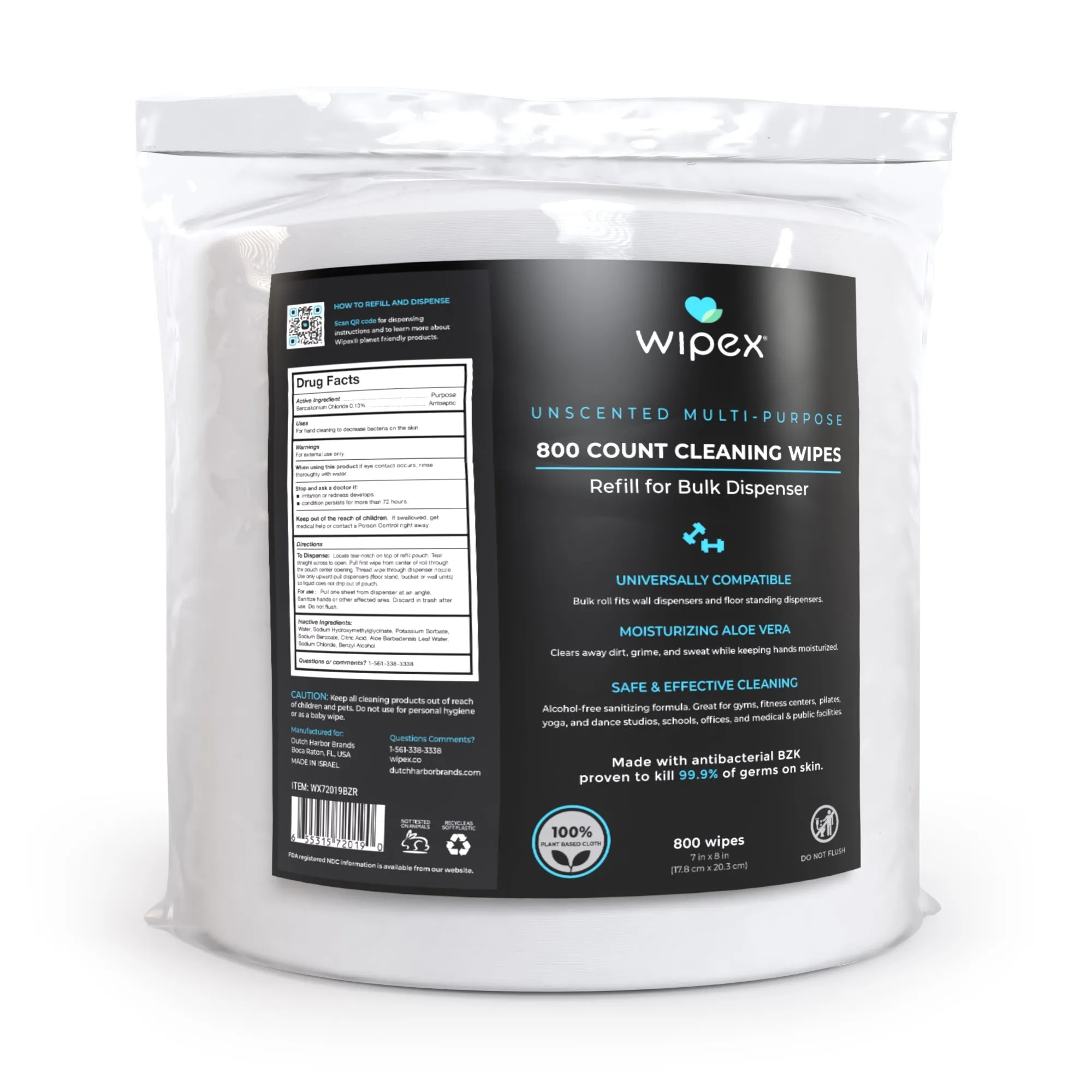 Wipex Antibacterial Bulk Gym Wipes Refill Roll 800ct | Skin-Safe 98.9% Natural Formula | Biodegradable Cloth